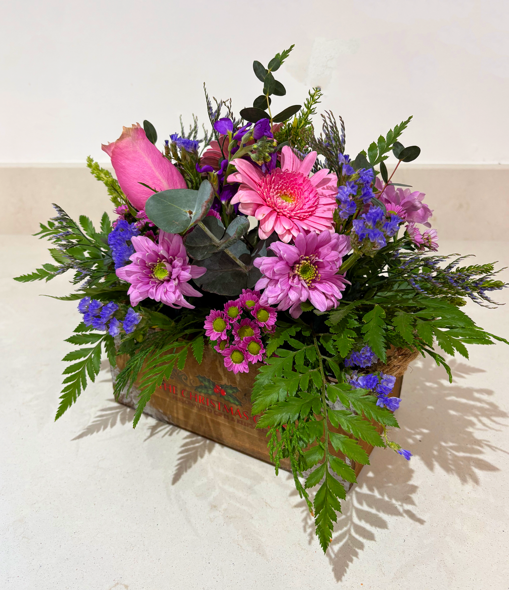Pink & Purple Wooden Box Christmas Table Centrepiece