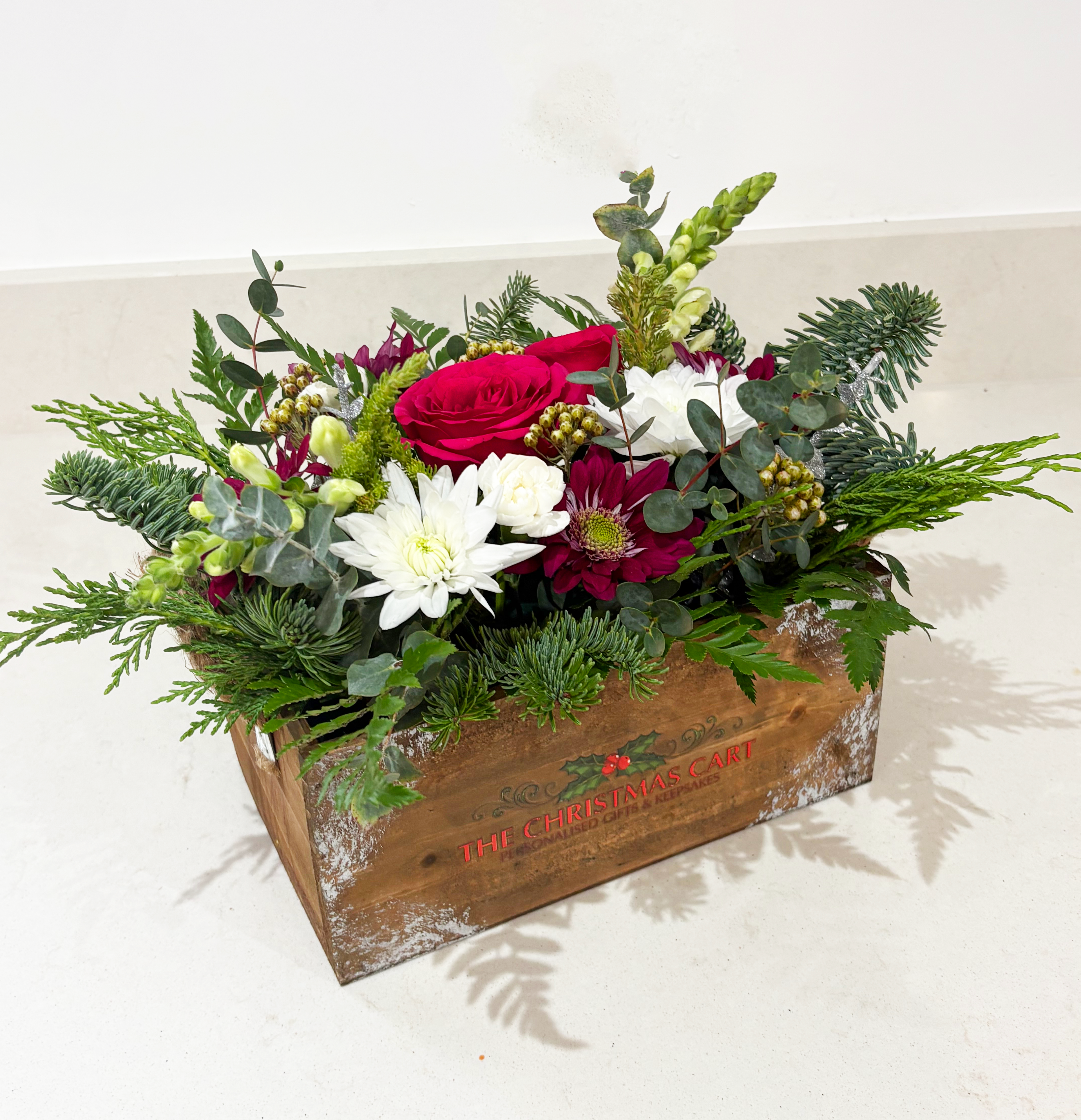 Red & White Wooden Box Christmas Table Centrepiece