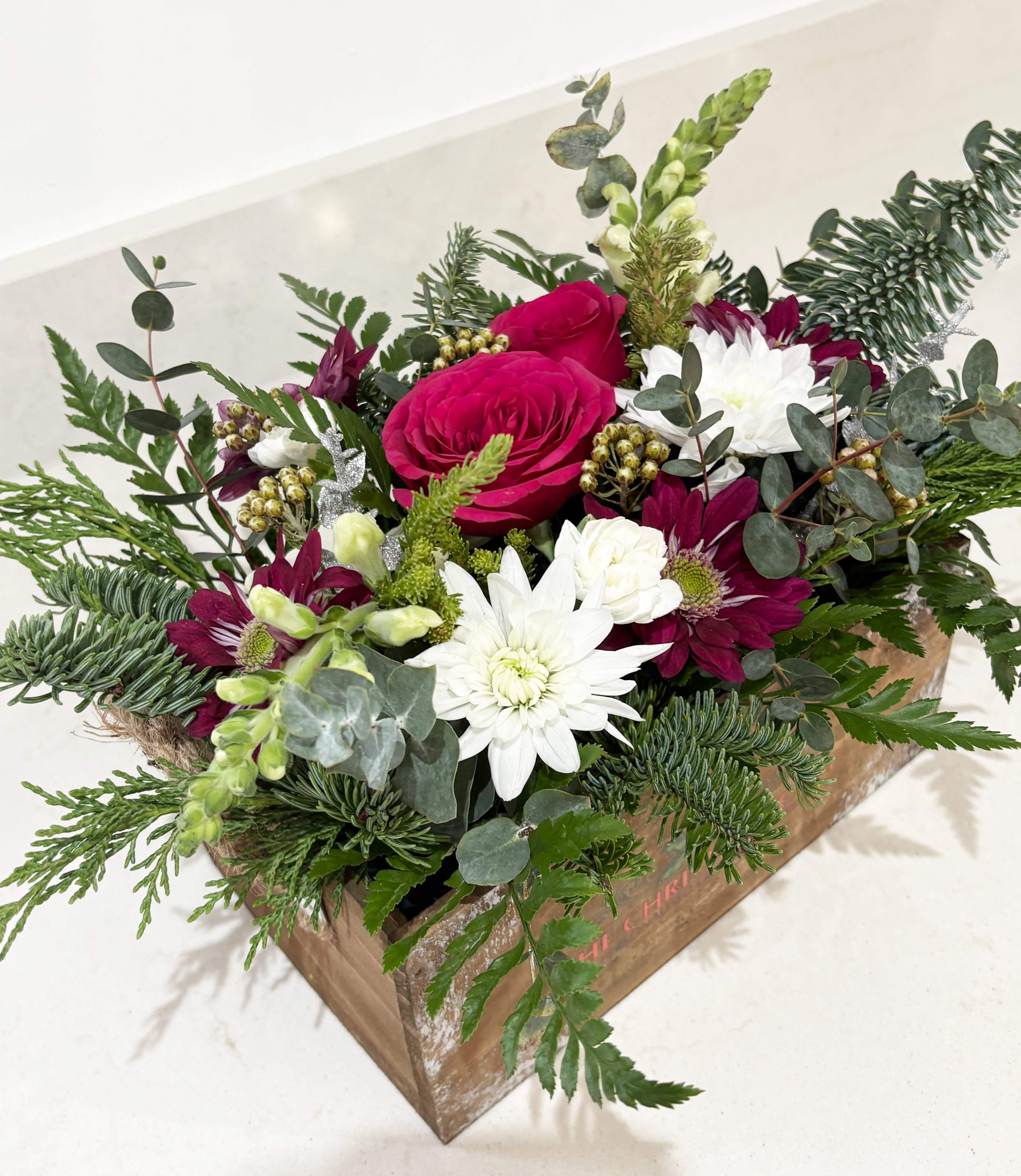 Red & White Wooden Box Christmas Table Centrepiece
