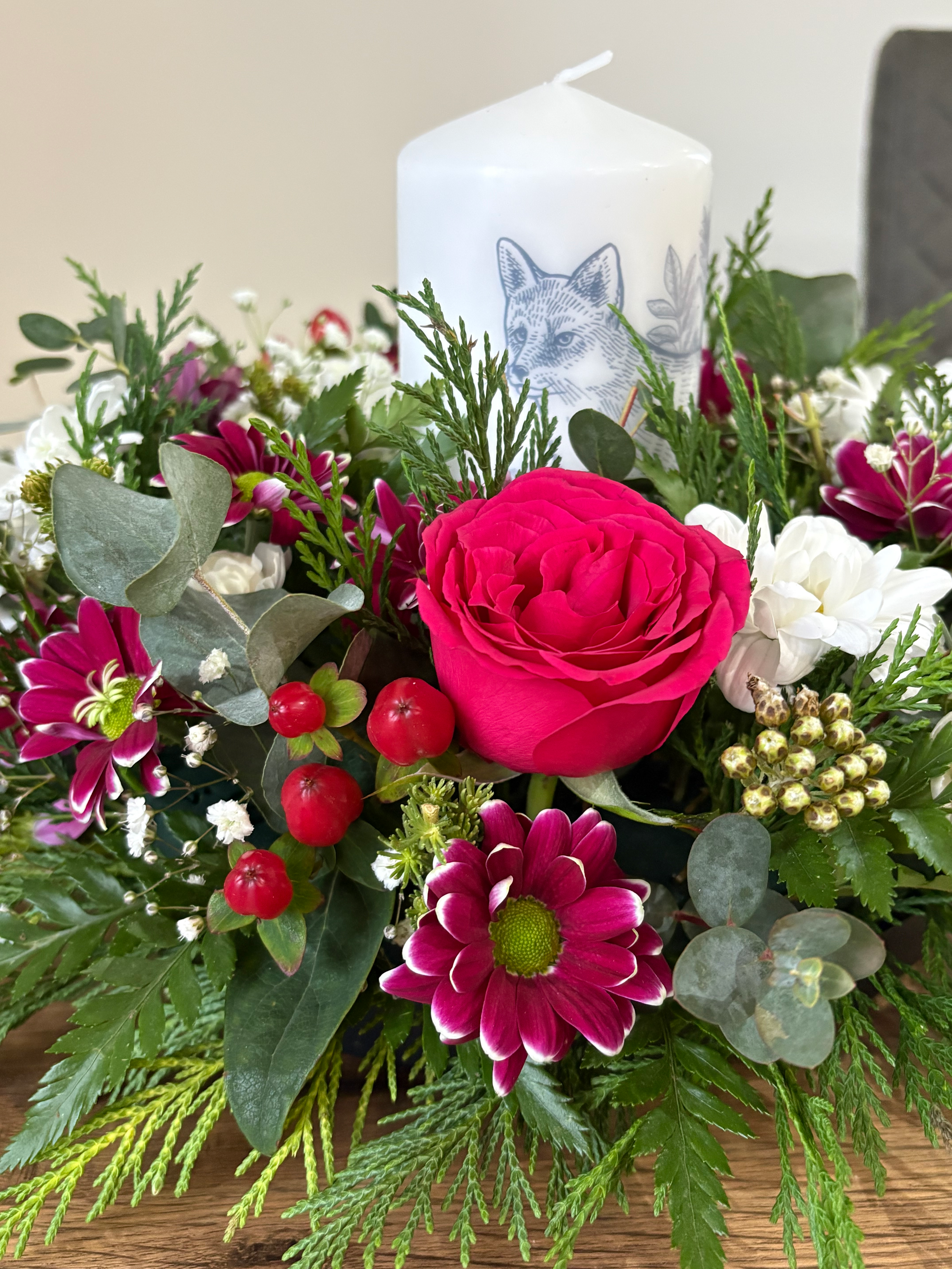 Christmas Table Centrepiece with Fox Pillar Candle