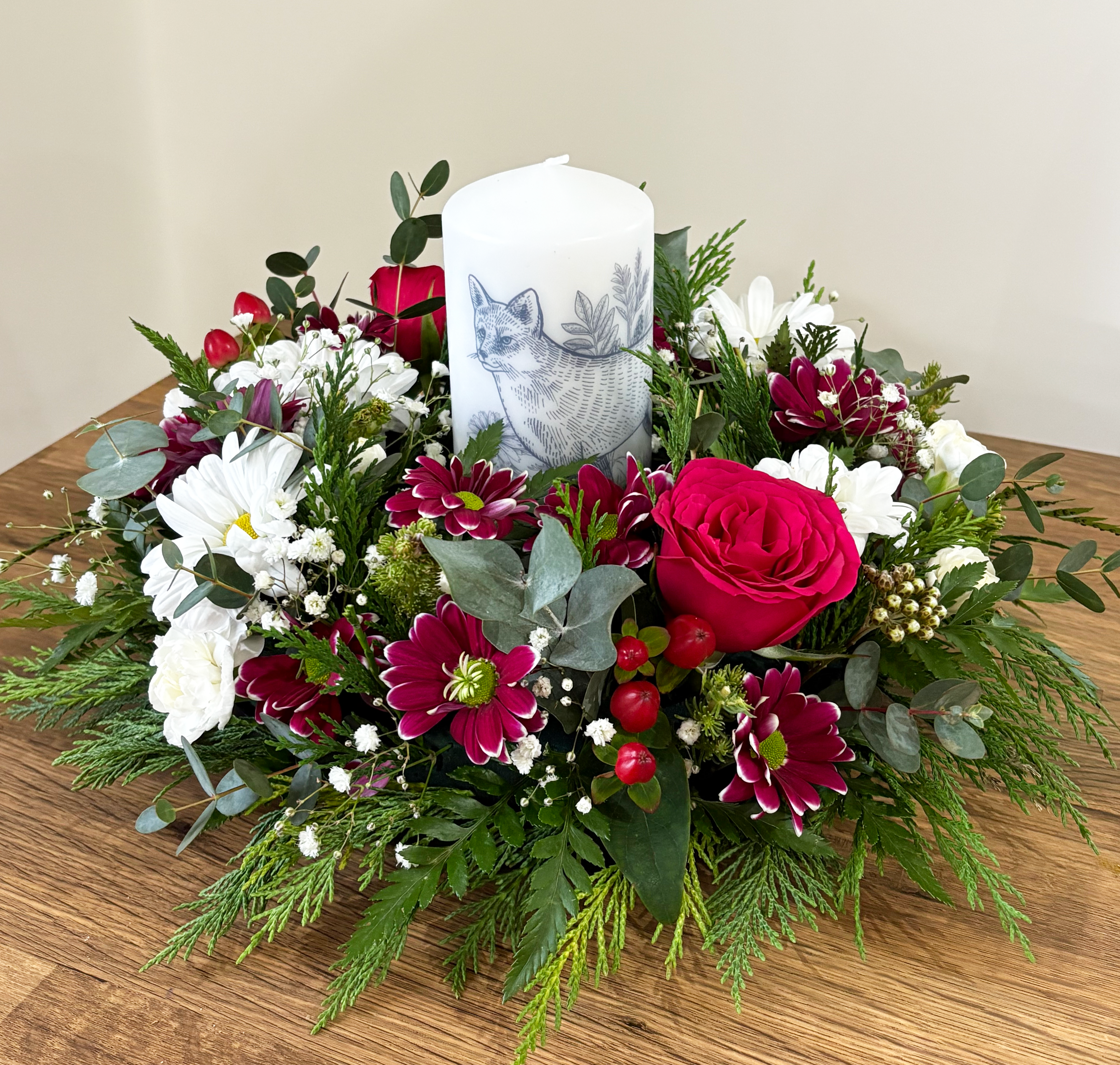 Christmas Table Centrepiece with Fox Pillar Candle